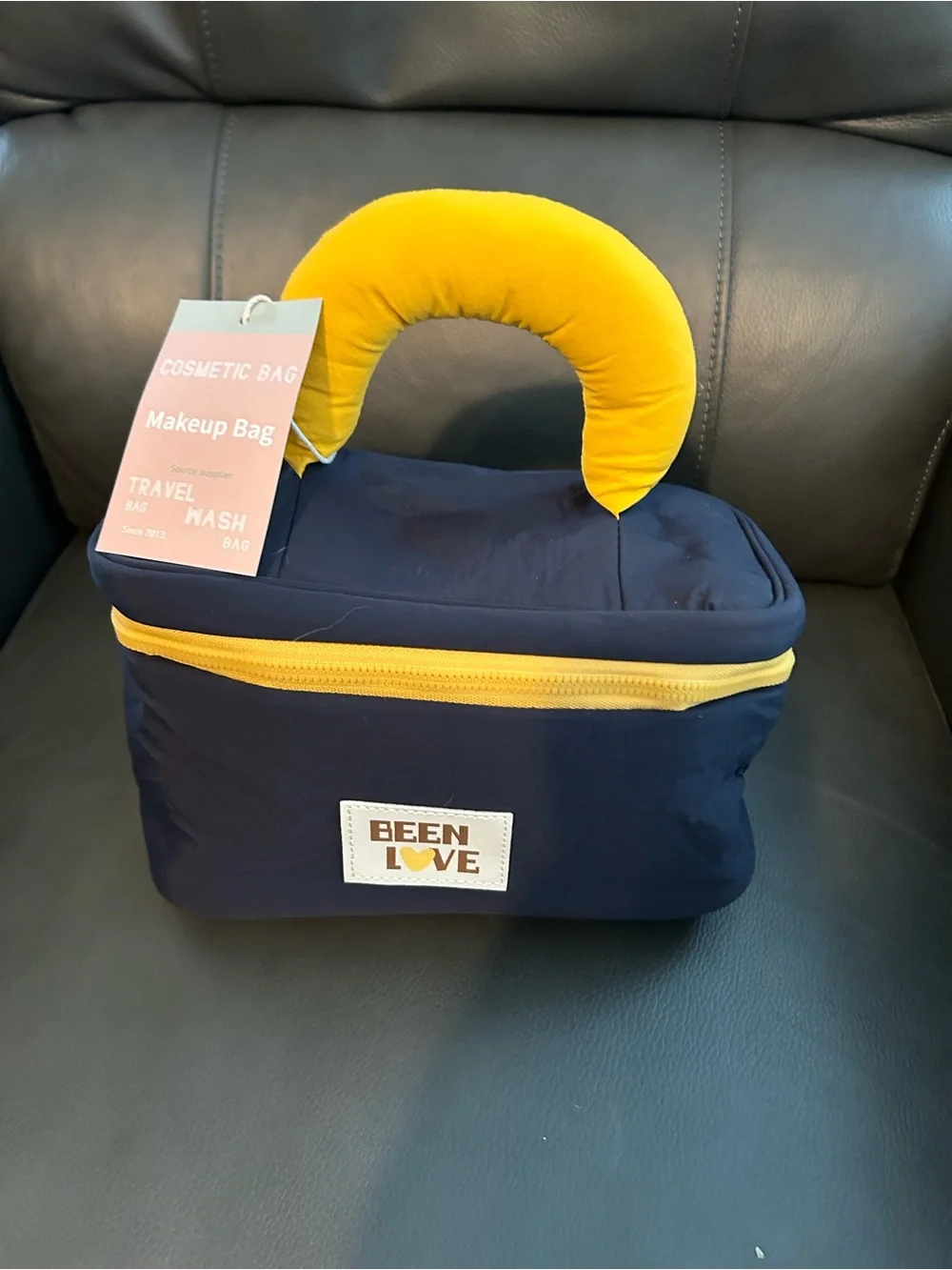New Navy and Yellow Travel Makeup Bag with Padded Handle